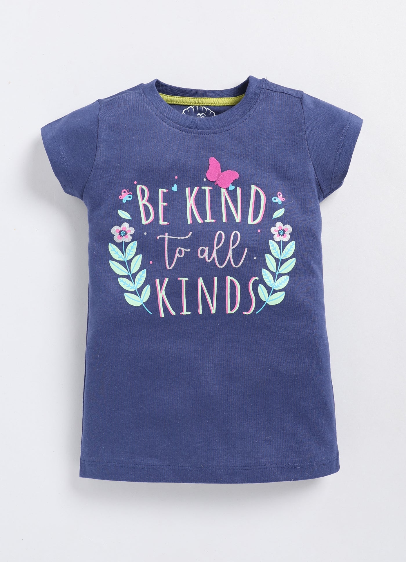 Be Kind to all kinds Printed Cotton T-Shirt for Girls - Navy