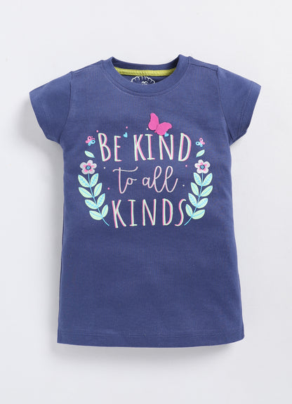 Be Kind to all kinds Printed Cotton T-Shirt for Girls - Navy