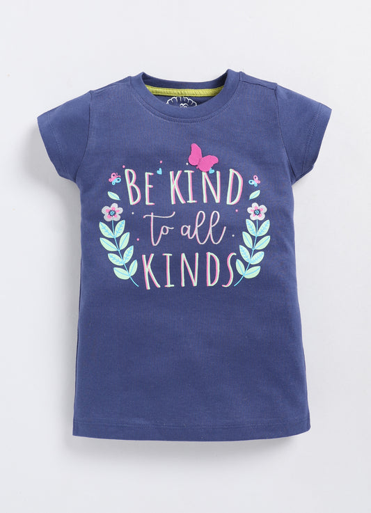 Be Kind to all kinds Printed Cotton T-Shirt for Girls - Navy