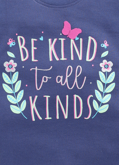 Be Kind to all kinds Printed Cotton T-Shirt for Girls - Navy