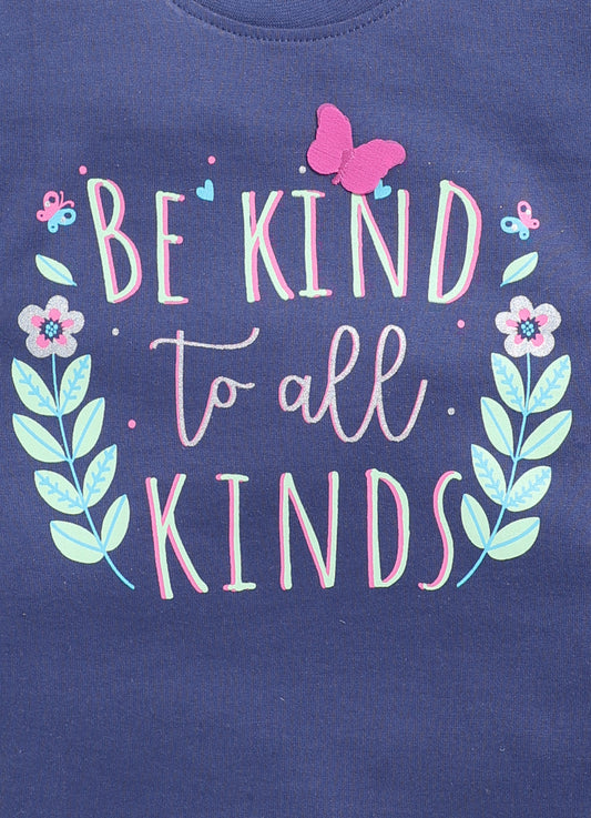 Be Kind to all kinds Printed Cotton T-Shirt for Girls - Navy