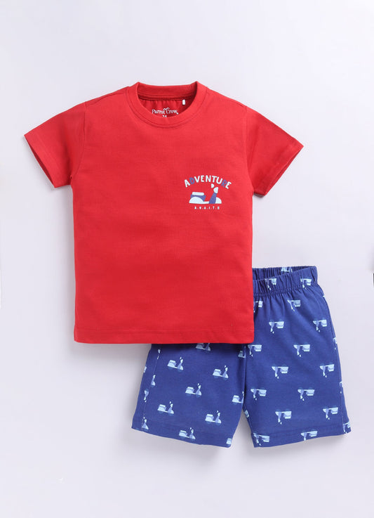Adventure Awaits T-Shirt & Blue Printed Shorts Set for Boys (Red & Navy) - ParrotCrow