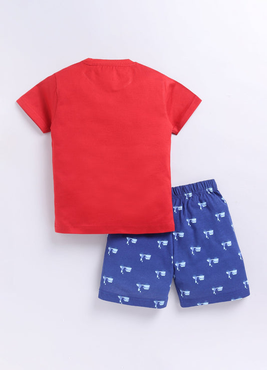 Adventure Awaits T-Shirt & Blue Printed Shorts Set for Boys (Red & Navy) - ParrotCrow