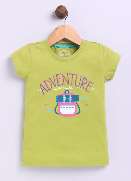 Adventure Printed Cotton T-Shirt for Girls - Lime Green - ParrotCrow