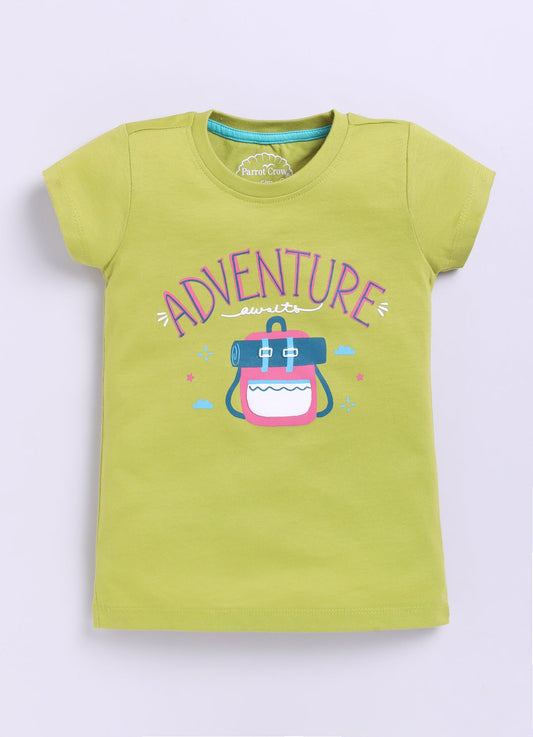 Adventure Printed Cotton T-Shirt for Girls - Lime Green - ParrotCrow