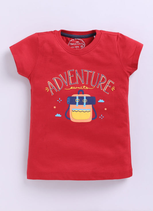 Adventure Printed Cotton T-Shirt for Girls - Red - ParrotCrow