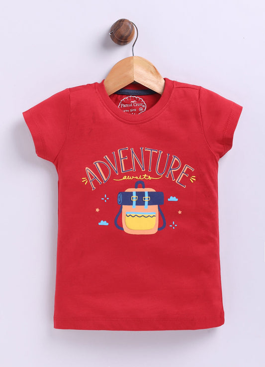 Adventure Printed Cotton T-Shirt for Girls - Red - ParrotCrow