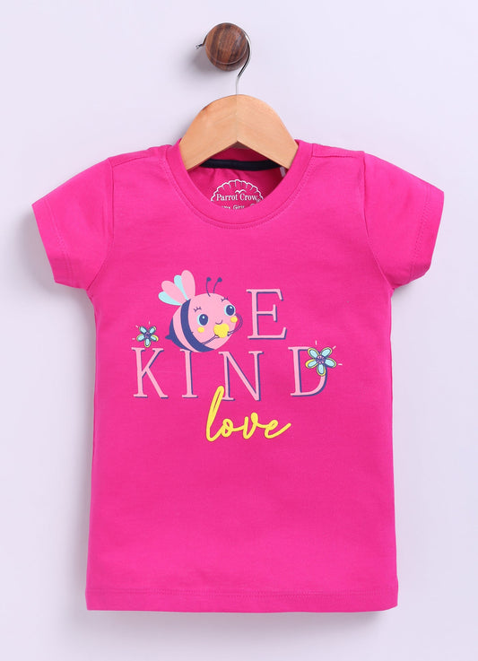 Be Kind Love Printed Cotton T-Shirt for Girls - Dark Pink - ParrotCrow
