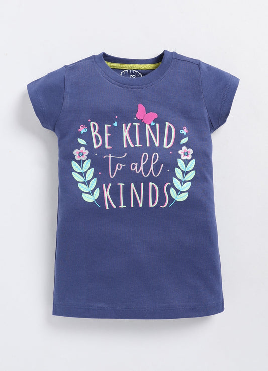 Be Kind to all kinds Printed Cotton T-Shirt for Girls - Navy - ParrotCrow