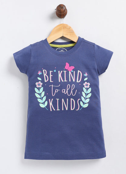 Be Kind to all kinds Printed Cotton T-Shirt for Girls - Navy - ParrotCrow