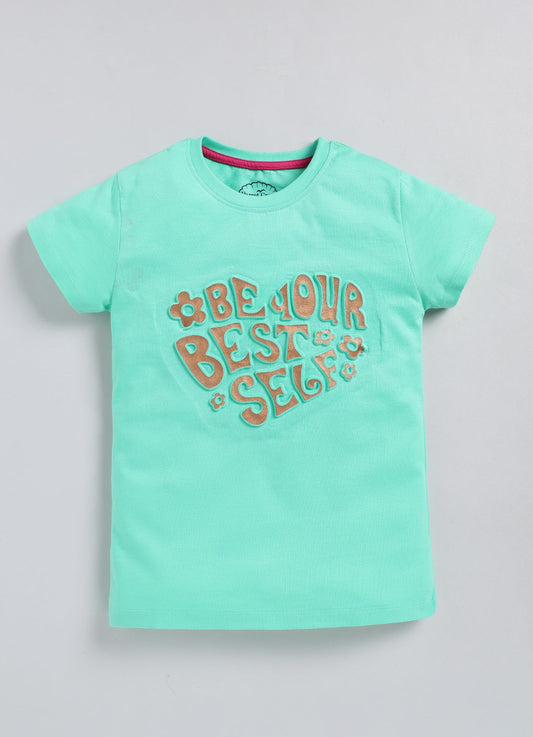 Be Your Best Self Printed Cotton T-Shirt for Girls - Pista Green - ParrotCrow