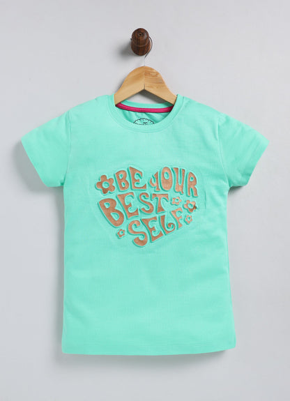 Be Your Best Self Printed Cotton T-Shirt for Girls - Pista Green - ParrotCrow