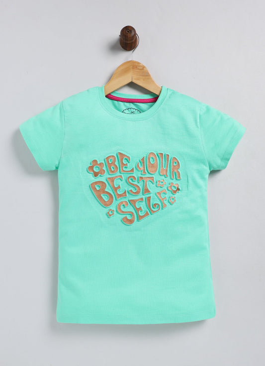 Be Your Best Self Printed Cotton T-Shirt for Girls - Pista Green - ParrotCrow