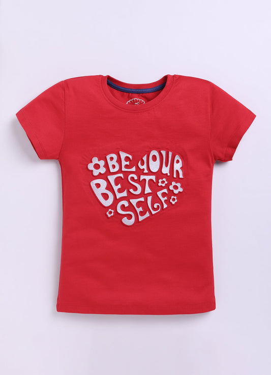 Be Your Best Self Printed Cotton T-Shirt for Girls - Red - ParrotCrow