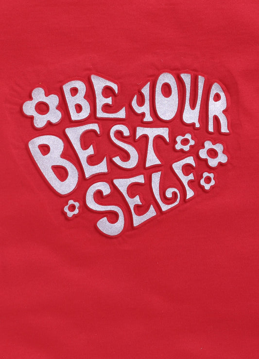 Be Your Best Self Printed Cotton T-Shirt for Girls - Red - ParrotCrow