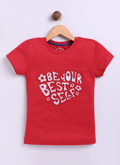Be Your Best Self Printed Cotton T-Shirt for Girls - Red - ParrotCrow