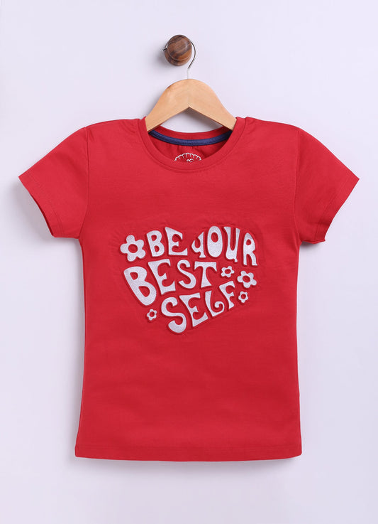 Be Your Best Self Printed Cotton T-Shirt for Girls - Red - ParrotCrow