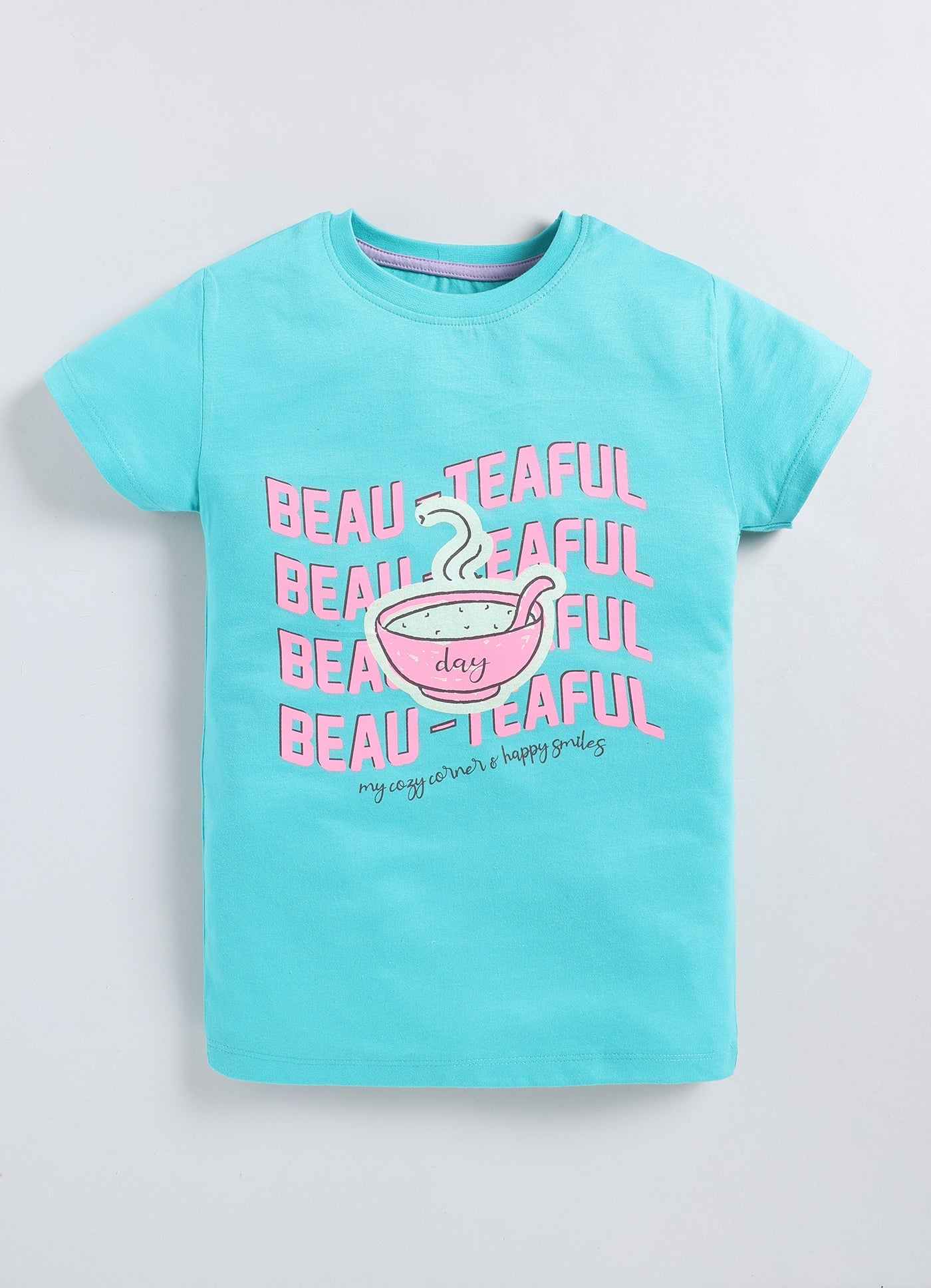 Beauteaful Printed Cotton T-Shirt for Girls - Sea Blue - ParrotCrow