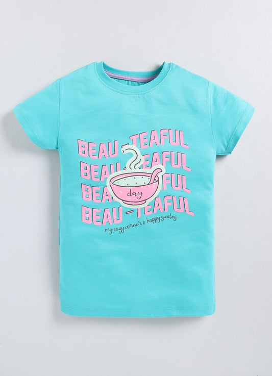 Beauteaful Printed Cotton T-Shirt for Girls - Sea Blue - ParrotCrow