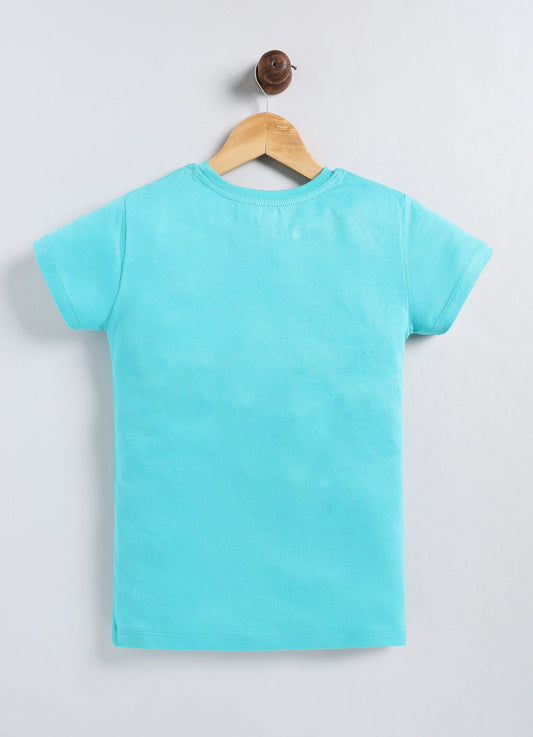Beauteaful Printed Cotton T-Shirt for Girls - Sea Blue - ParrotCrow