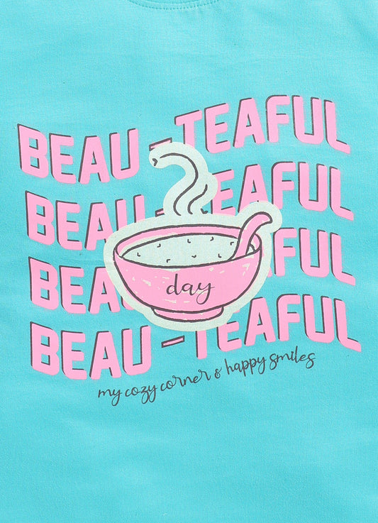 Beauteaful Printed Cotton T-Shirt for Girls - Sea Blue - ParrotCrow