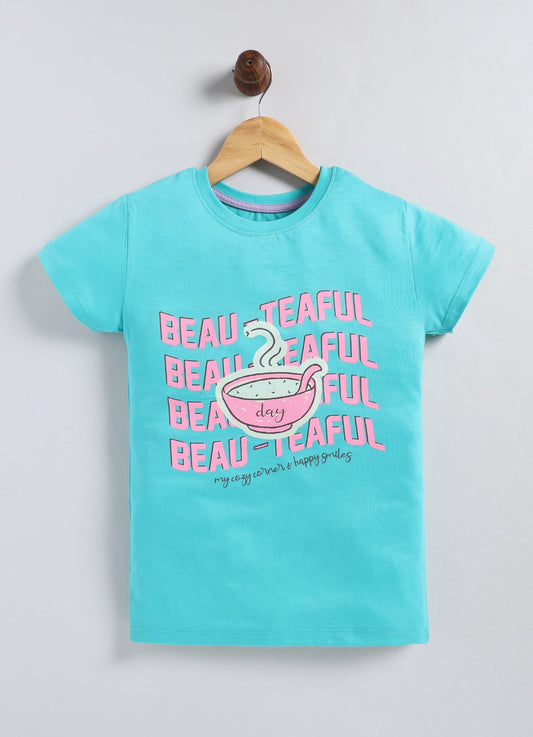 Beauteaful Printed Cotton T-Shirt for Girls - Sea Blue - ParrotCrow
