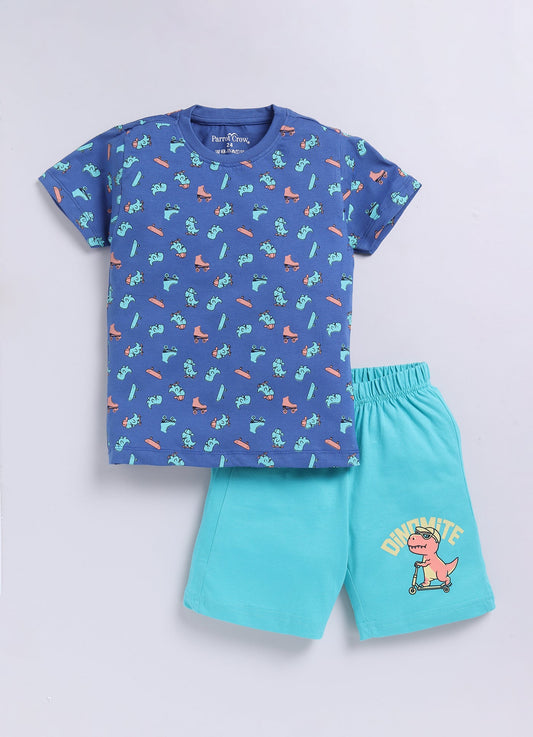 Dino - Mite Print T-Shirt & Aqua Shorts Set for Boys (Blue & Mint Green) - ParrotCrow
