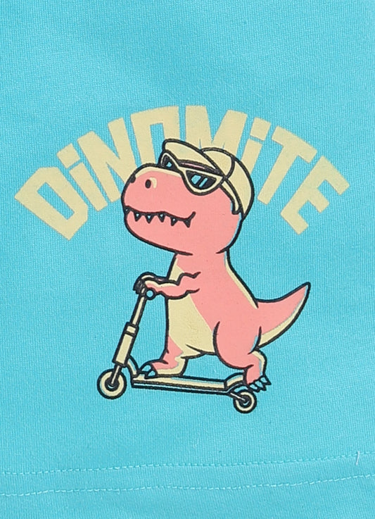 Dino - Mite Print T-Shirt & Aqua Shorts Set for Boys (Blue & Mint Green) - ParrotCrow