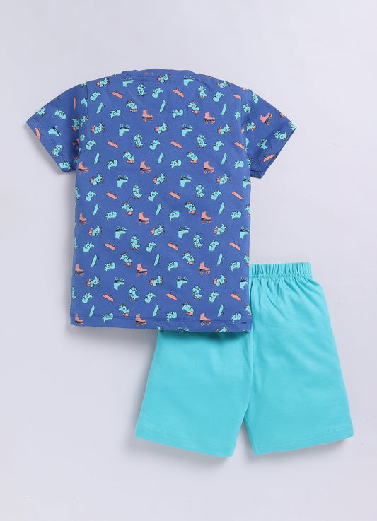 Dino - Mite Print T-Shirt & Aqua Shorts Set for Boys (Blue & Mint Green) - ParrotCrow