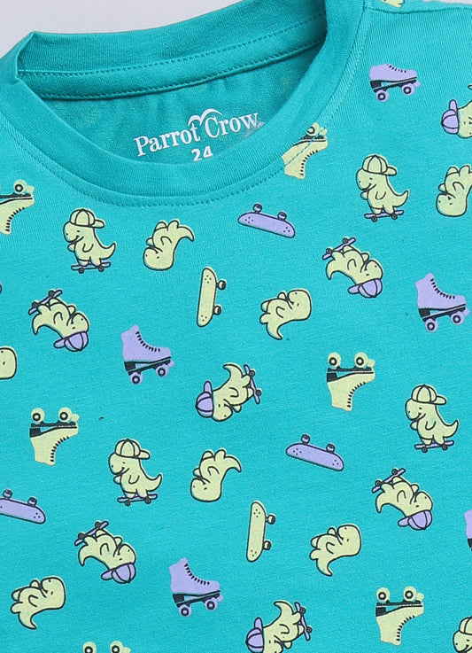 Dino Print T-Shirt & Lavender Shorts Set for Boys (Teal & Purple) - ParrotCrow