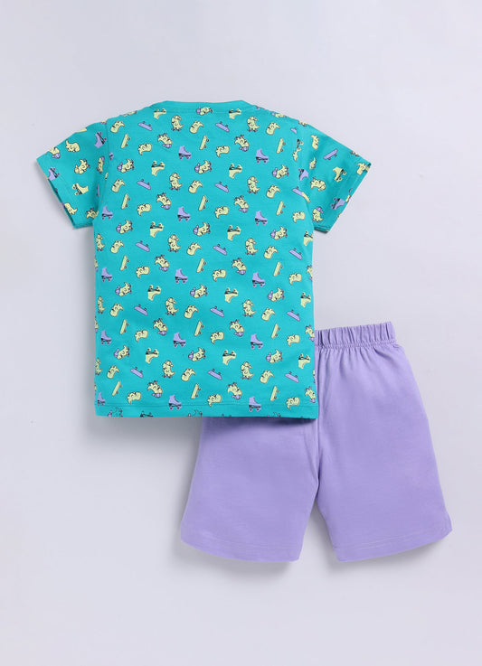 Dino Print T-Shirt & Lavender Shorts Set for Boys (Teal & Purple) - ParrotCrow