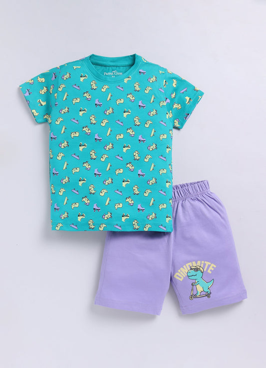 Dino Print T-Shirt & Lavender Shorts Set for Boys (Teal & Purple) - ParrotCrow
