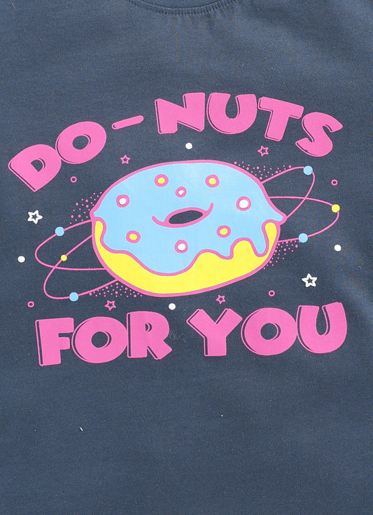 Do Nuts For You Printed Cotton T-Shirt for Girls - Navy - ParrotCrow