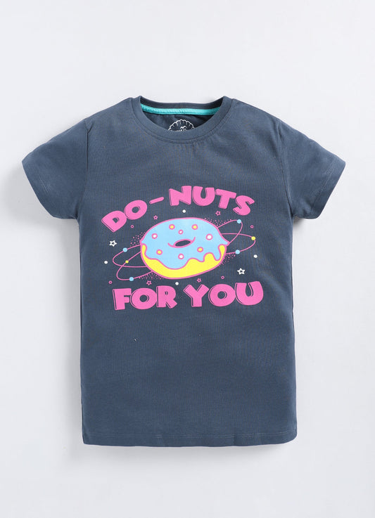 Do Nuts For You Printed Cotton T-Shirt for Girls - Navy - ParrotCrow