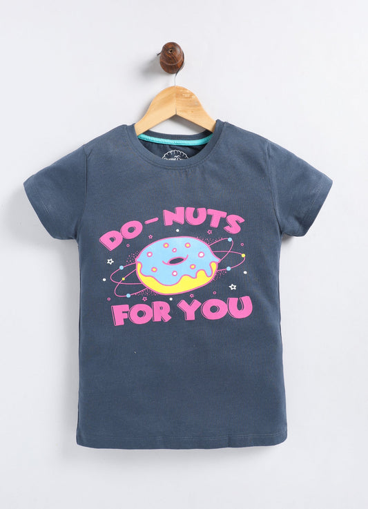 Do Nuts For You Printed Cotton T-Shirt for Girls - Navy - ParrotCrow