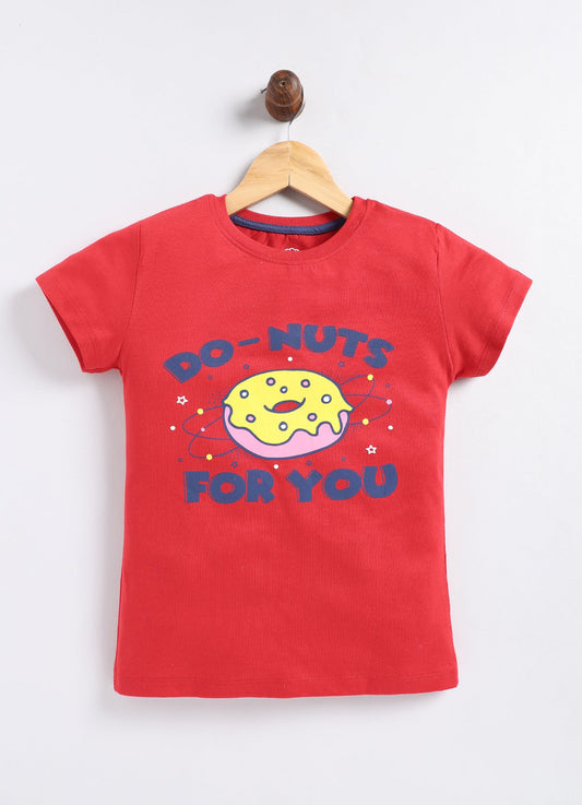 Do Nuts For You Printed Cotton T-Shirt for Girls - Red - ParrotCrow