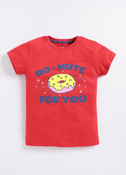 Do Nuts For You Printed Cotton T-Shirt for Girls - Red - ParrotCrow
