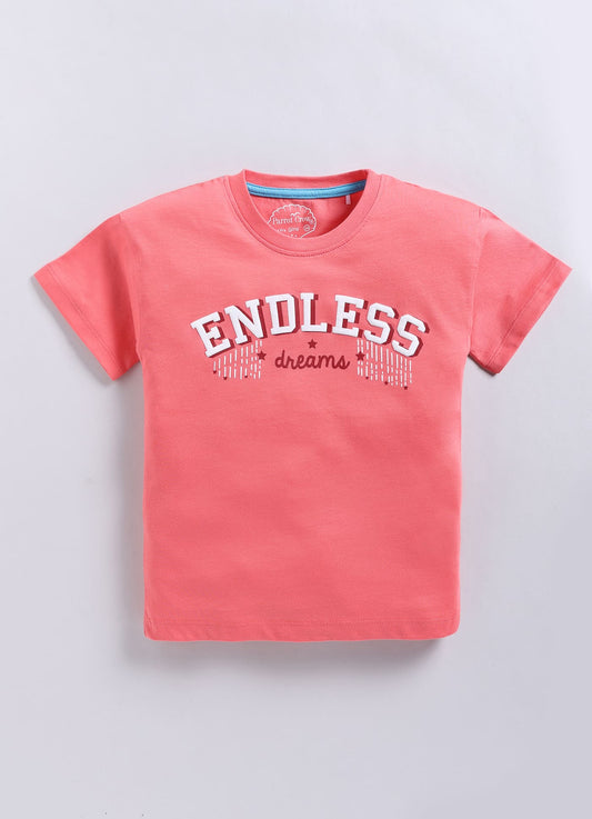 Endless Dreams Printed Cotton T-Shirt for Girls - Carrot Orange - ParrotCrow