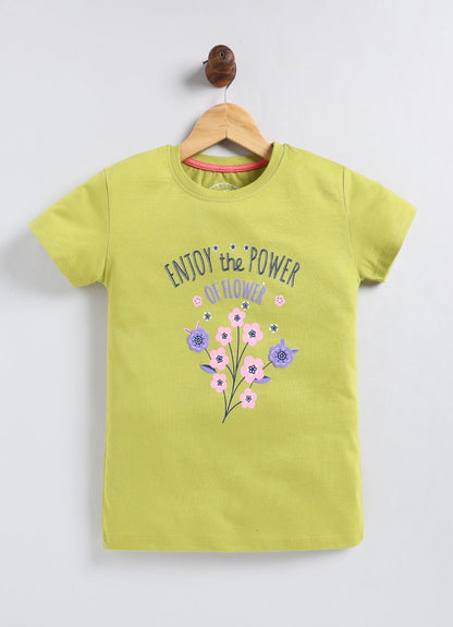 Enjoy the power of homes Printed Cotton T-Shirt for Girls - Lime Green - ParrotCrow