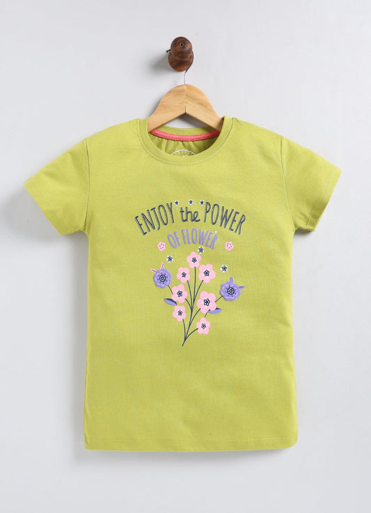 Enjoy the power of homes Printed Cotton T-Shirt for Girls - Lime Green - ParrotCrow