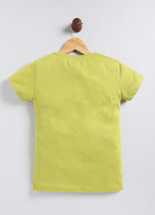 Enjoy the power of homes Printed Cotton T-Shirt for Girls - Lime Green - ParrotCrow
