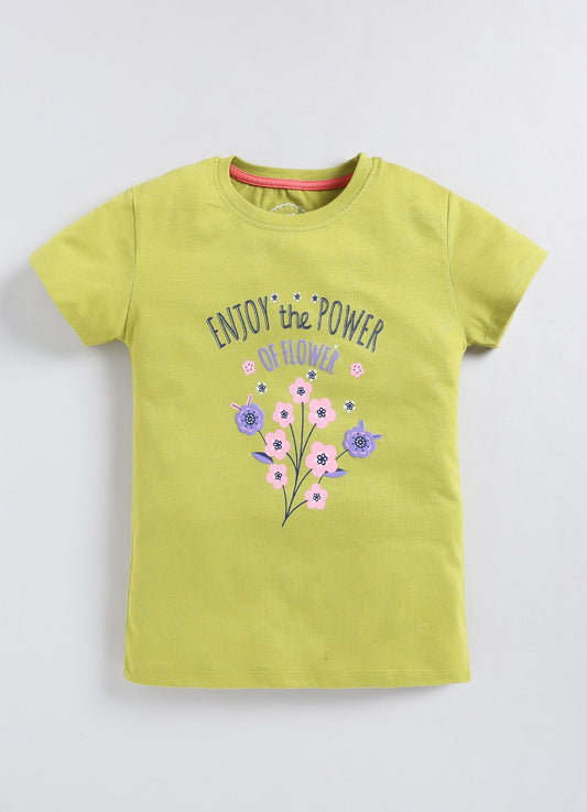 Enjoy the power of homes Printed Cotton T-Shirt for Girls - Lime Green - ParrotCrow