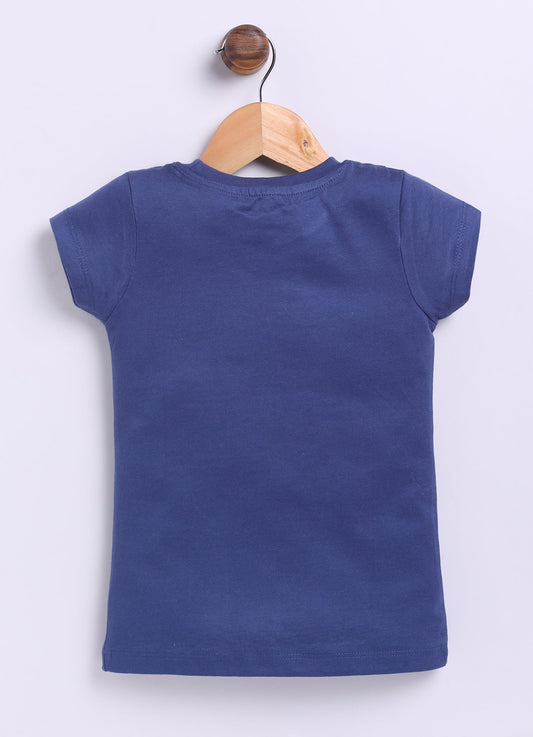 Flower Printed Cotton T-Shirt for Girls - Navy - ParrotCrow