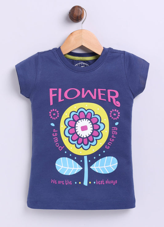 Flower Printed Cotton T-Shirt for Girls - Navy - ParrotCrow
