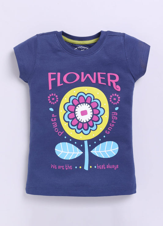 Flower Printed Cotton T-Shirt for Girls - Navy - ParrotCrow