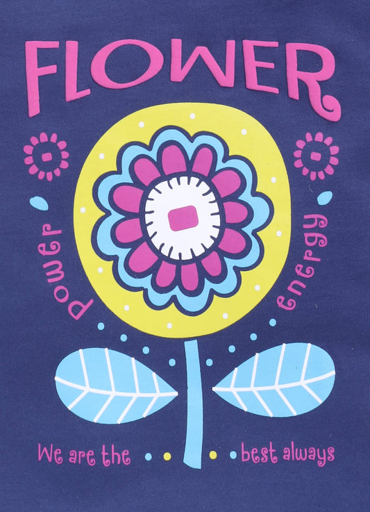 Flower Printed Cotton T-Shirt for Girls - Navy - ParrotCrow