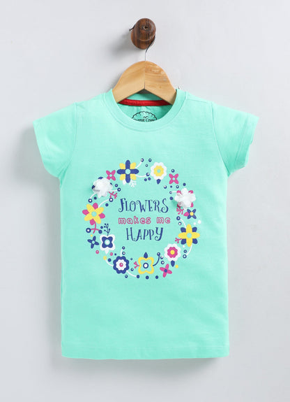 Flowers Make me happy Printed Cotton T-Shirt for Girls - Pista Green - ParrotCrow