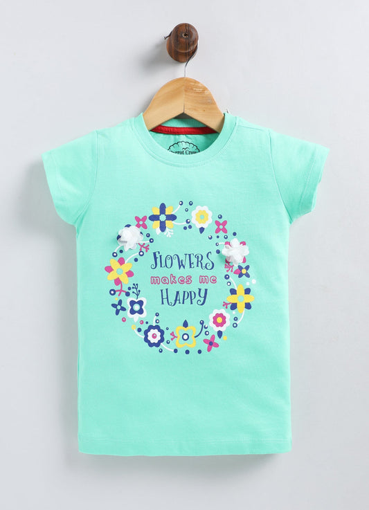 Flowers Make me happy Printed Cotton T-Shirt for Girls - Pista Green - ParrotCrow