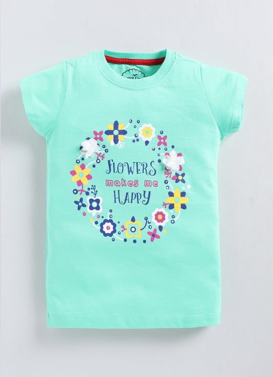 Flowers Make me happy Printed Cotton T-Shirt for Girls - Pista Green - ParrotCrow