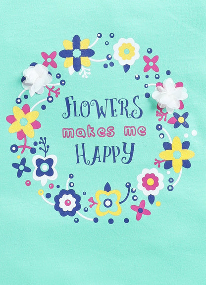 Flowers Make me happy Printed Cotton T-Shirt for Girls - Pista Green - ParrotCrow